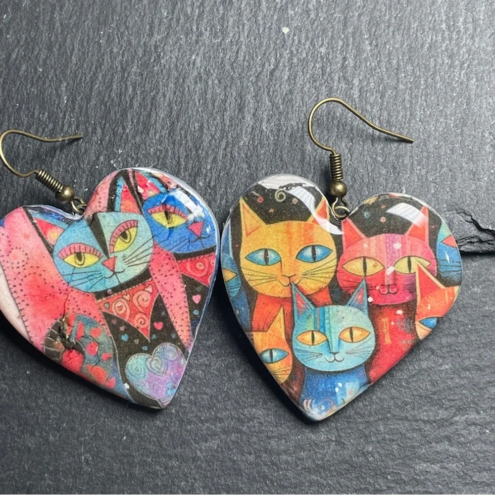 Laurel Burch Inspired Colorful Cat Heart Handmade Clay Earrings